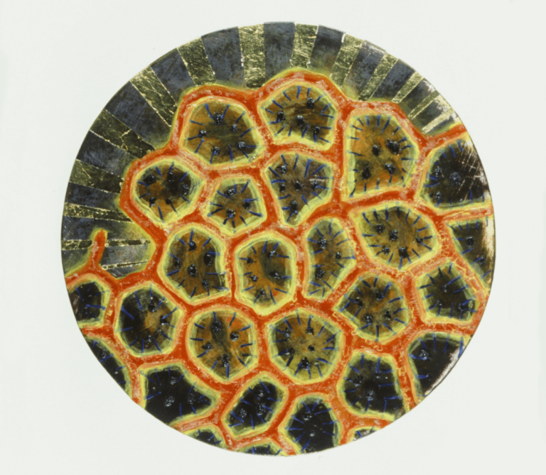 Blasphemy, oil & mixed media on panel, 9" diameter, 1998