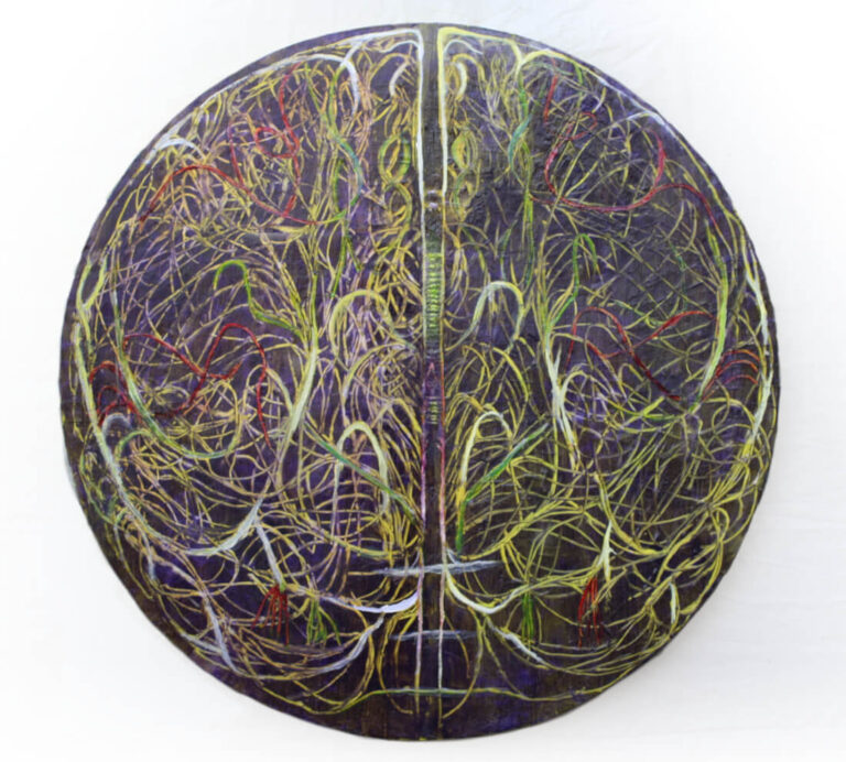 axons, oil, wax and washi on panel, 36” dia. 2024