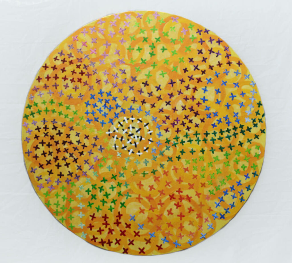 interdependence, oil, wax and washi on panel, 48” dia. 2024